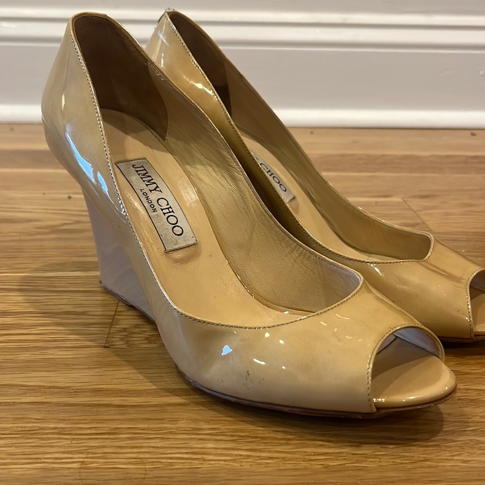 Jimmy Choo Nude Patent Leather Open Toe Pumps SIZE 39.5